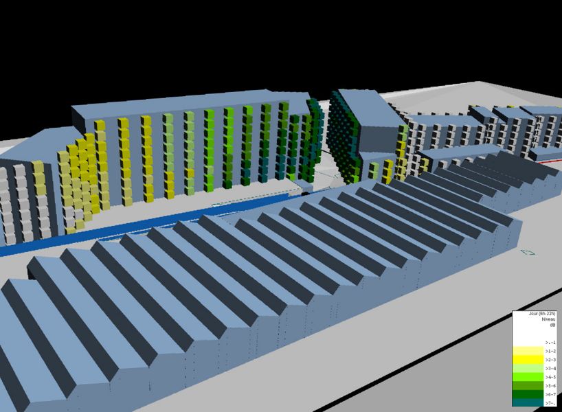 Évaluation de l'efficacité acoustique d'un écran de protection anti-bruit EAB (calculs, modélisation 3D)